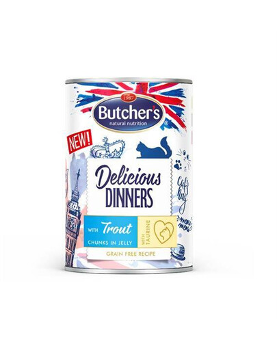 Butcher's Delicious Dinners, kousky se pstruhem v želé  kapsička pro kočky 400 g