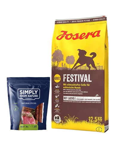 JOSERA Festival pro dospělé vybíravé psy 12,5kg + SIMPLY FROM NATURE Přírodní hovězí doutníky 3 ks