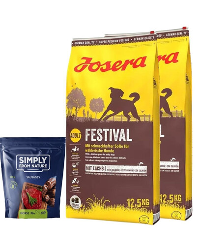 JOSERA Festival 2 x 12,5 kg + SIMPLY FROM NATURE Klobásky pro psy s koňským masem 200 g