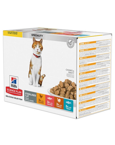 HILL'S Science Plan Feline Young Adult Sterilised Cat Multipack z kurczakiem, z pstrągiem, z tuńczykiem, z łososiem 12x85 g