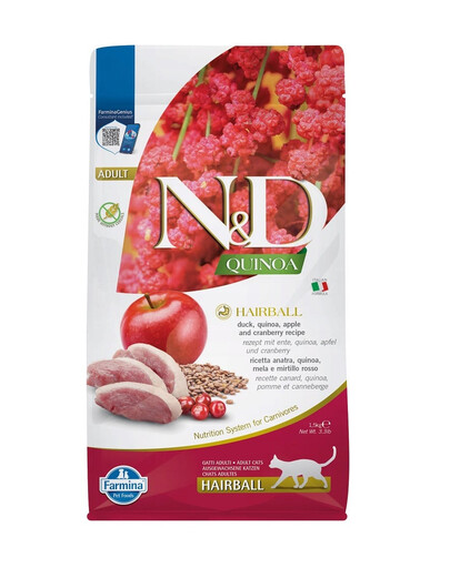 FARMINA N&D Quinoa Cat Hairball Duck, jablko, brusinka 1,5 kg