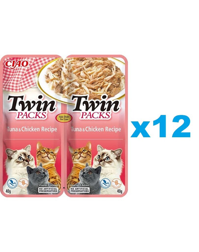 INABA Twin Tuňák s kuřecím masem ve vývaru pro kočky 24x40g