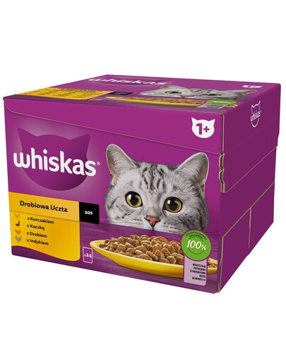 WHISKAS Adult Drůbeží hostina v omáčce 24x85 g kousků s kuřecím masem, kachnou, drůbežím masem a krůtou pro dospělé kočky