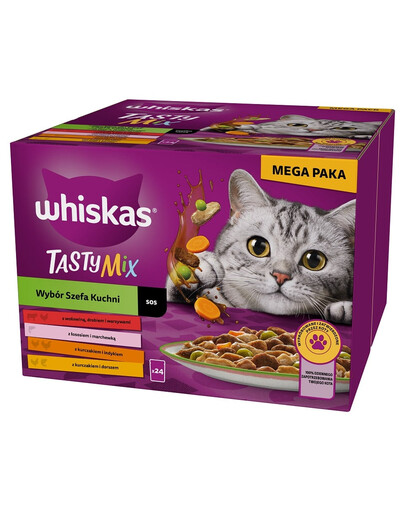 WHISKAS Adult Tasty Mix Chef's Choice v omáčce 24x85g kousků s hovězím, lososovým, kuřecím a krůtím masem, kuřecím masem a treskou pro dospělé kočky