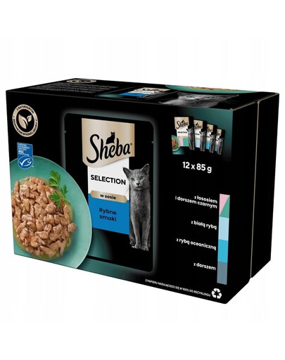 SHEBA Selection 12x85g Kapsičky s lososem a černou treskou, bílá ryba, mořské ryby, treska pro kočky
