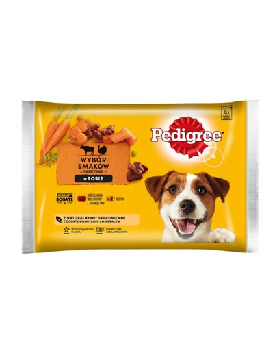 PEDIGREE Výběr příchutí v omáčce 4x100g hovězí a jehněčí, krůtí a mrkev