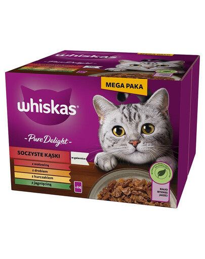 WHISKAS Adult Pure Delight Šťavnaté kousky v želé 24x85g kousků s hovězím, kuřecím, jehněčím a drůbežím masem pro dospělé kočky