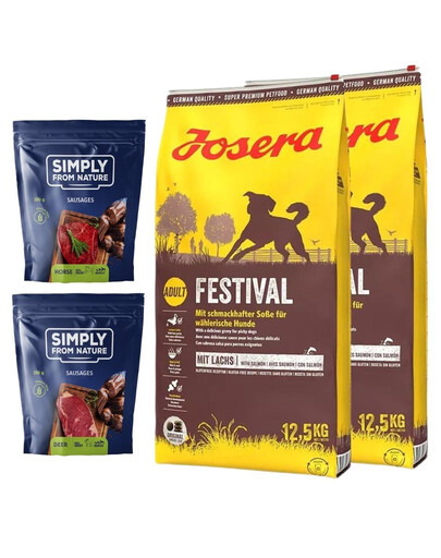 JOSERA Festival 2x12,5kg + SIMPLY FROM NATURE Klobásky pro psy s jelením masem 2x200 g