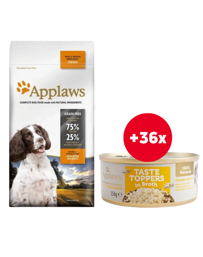 APPLAWS Dog Adult Small & Medium Breed Chicken 15 kg + Taste Toppers Kuřecí prsa ve vývaru 36x156g ZDARMA