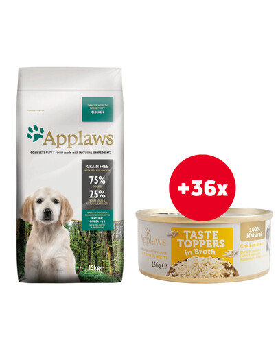 APPLAWS Puppy Small&Medium Breed Chicken 15 kg + Taste Toppers Kuřecí prsa ve vývaru 36x156g ZDARMA