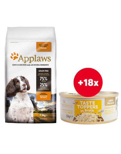 APPLAWS Dog Adult Small & Medium Breed Chicken 7,5 kg + Taste Toppers Kuřecí prsa ve vývaru 18x156 g ZDARMA