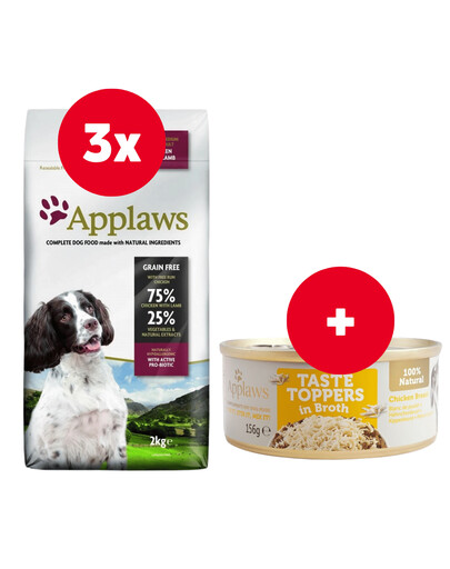 APPLAWS Adult Dog Small Medium Chicken with Lamb 3x2 kg + Taste Toppers Kuřecí prsa ve vývaru 6x156 g ZDARMA