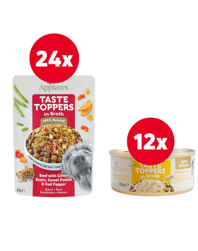 APPLAWS Taste Toppers Hovězí maso, zelené fazolky, paprika 24x 85 g +Taste Toppers Kuřecí prsa ve vývaru 12x156 g ZDARMA