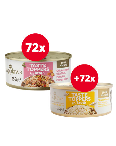 APPLAWS Taste Toppers Kuřecí prsa, šunka a dýně ve vývaru 72x156 g + Kuřecí prsa ve vývaru 72x156 g ZDARMA