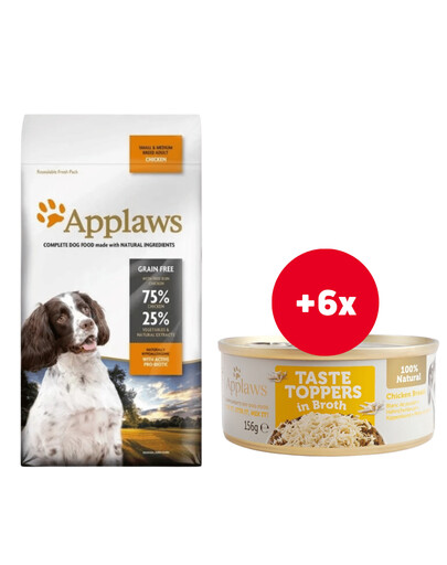 APPLAWS Dog Adult Small & Medium Breed Chicken 3x2kg + Taste Toppers Kuřecí prsa ve vývaru 6x156g ZDARMA