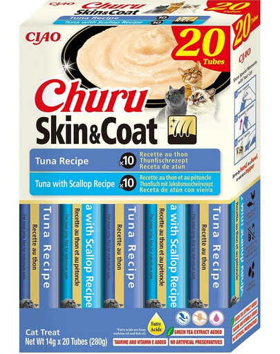INABA Churu Cat Skin Coat 20x14g krémová pochoutka z tuňáka, tuňáka a mušlí pro kočky