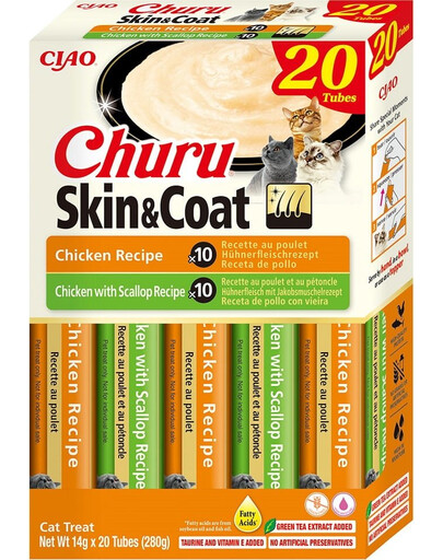 INABA Churu Cat Skin Coat 20x14g kuřecí krémová pochoutka, kuře a mušle pro kočky