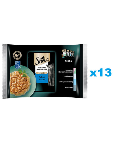 SHEBA Selection Select Slices Rybí příchutě 52x85g kompletní krmivo pro kočky v omáčce s lososem a černou treskou, bílá ryba, mořské ryby, treska