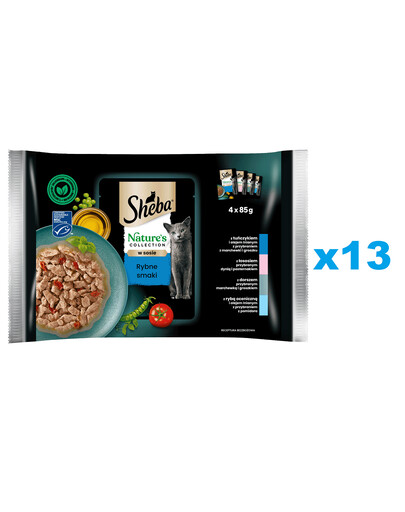 SHEBA Nature’s Collection Rybí Smaki 52x85 g kompletní krmivo pro dospělé kočky v omáčce, kousky s tuňákem, lososem, treskou a mořskými rybami