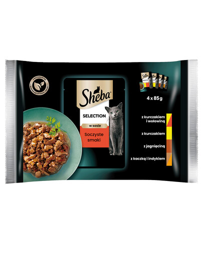 SHEBA Selection in Sauce Juicy Flavors kapsička - krmivo pro kočky v omáčce (s hovězím, jehněčím, kuřecím, krůtím) 4x85g
