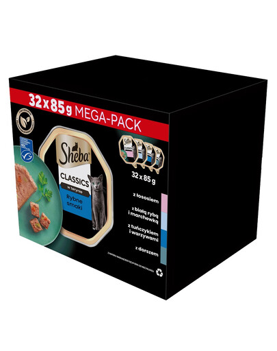 SHEBA Classic in Pate Ocean Selection mix rybích příchutí ve formě paštiky bílá ryba, treska, losos a tuňák 32x85g