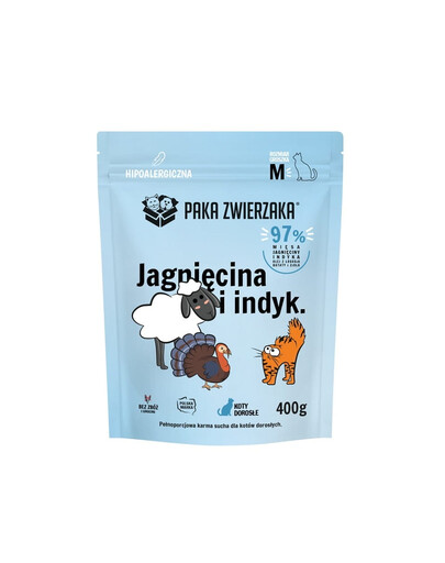 PAKA ZWIERZAKA Suché krmivo pro kočky s jehněčím a krůtím masem M 400 g