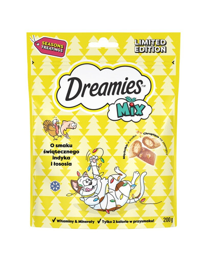 DREAMIES Mix 200g Doplňkové krmivo s příchutí vánočního krůty a lososa pro dospělé kočky a koťata starší 8 týdnů.
