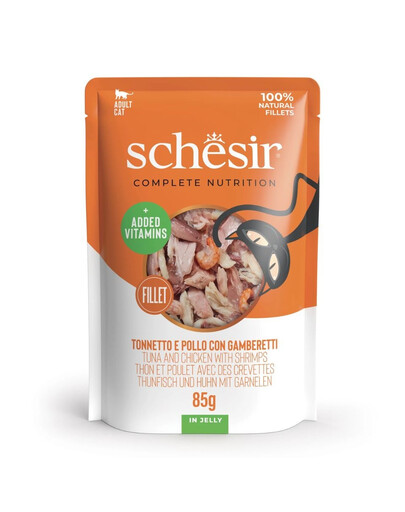 SCHESIR Jelly Adult Tuňák a kuře s krevetami v želé pro kočky 85 g