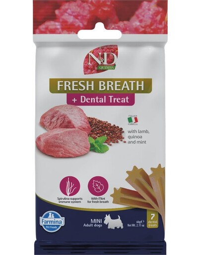 FARMINA N&D Quinoa Dental Treat Fresh breath Mini 60 g (7 ks) zubní pamlsky pro psy malých plemen