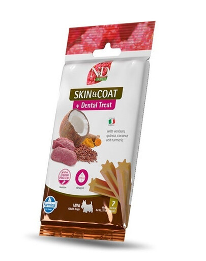 FARMINA N&D Quinoa Dental Treat Skin Coat Venison Mini 60 g (7 ks) zubní pamlsky pro psy malých plemen