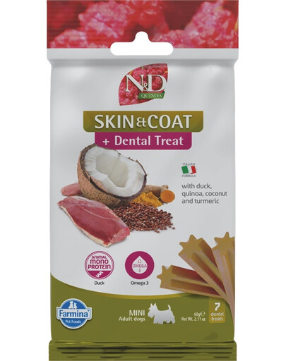 FARMINA N&D Quinoa Dental Treat Skin Coat Duck Mini 60 g (7 ks) zubní pamlsky pro psy malých plemen