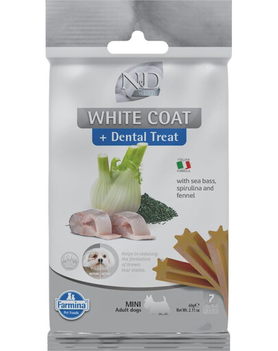 FARMINA N&D White Dental Treat Coat Sea bass Mini 60 g (7 ks) zubní pamlsky pro psy malých plemen