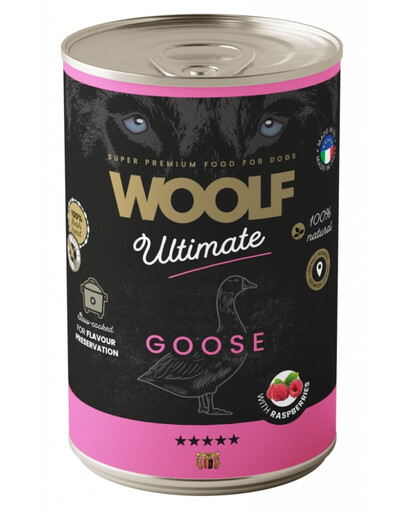 WOOLF Ultimate Adult Dog Goose and Raspberries 400g Vlhké krmivo s husou a malinami pro psy