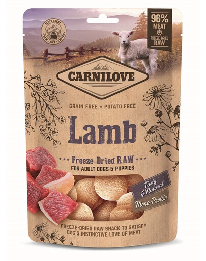 CARNILOVE Raw Freeze-dried Snack Lamb 60g Lyofilizované kousky jehněčího masa pro štěňata a dospělé psy