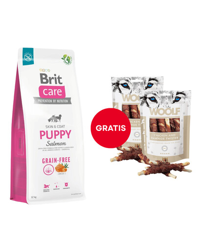 BRIT Care Grain-free Puppy krmivo s lososem 12 kg + WOOLF Chicken And Rawhide Twister 2 x 100 g sušená kůže obalená kuřecím masem ZDARMA