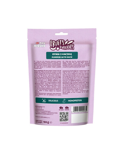 PAN MIĘSKO Fruits and Veggies Dýňový pamlsek s kachnou pro psy 100 g