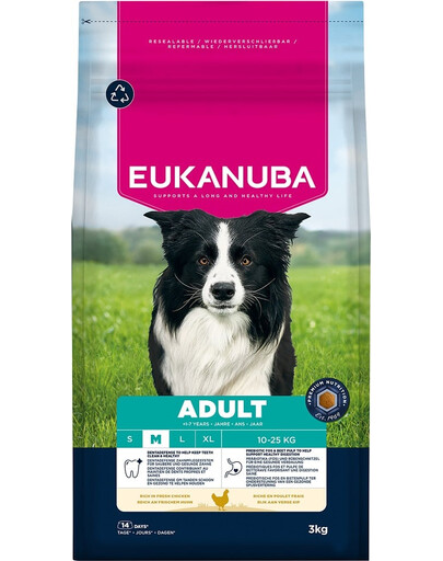 EUKANUBA Adult Medium Breeds Chicken 3 kg suché krmivo pro psy středních plemen s vysokým obsahem čerstvého kuřecího masa