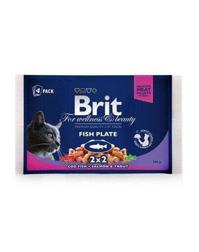 Brit For Wellness & Beauty Fish Plate - sada vlhkého krmiva pro kočky s rybí omáčkou 4x100g