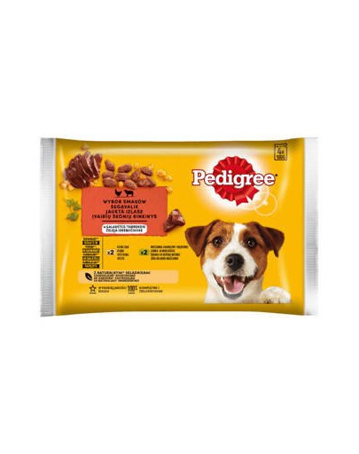 PEDIGREE Adult Selection of Flavours v želé 4x100g krmivo pro dospělé psy s kousky bohatými na kuřecí maso a směs jehněčího masa a jater