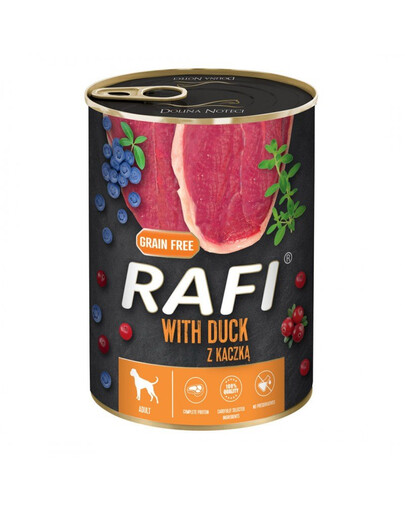 Rafi konzerva pro psy s kachnou, borůvkami a brusinkami 400g