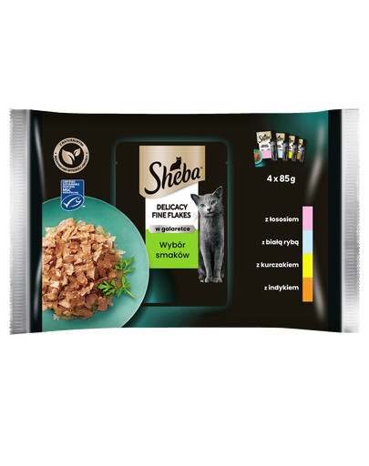SHEBA Jemné vločky v želé pro kočky (bílá ryba, losos, krůta, kuře) 4x85g